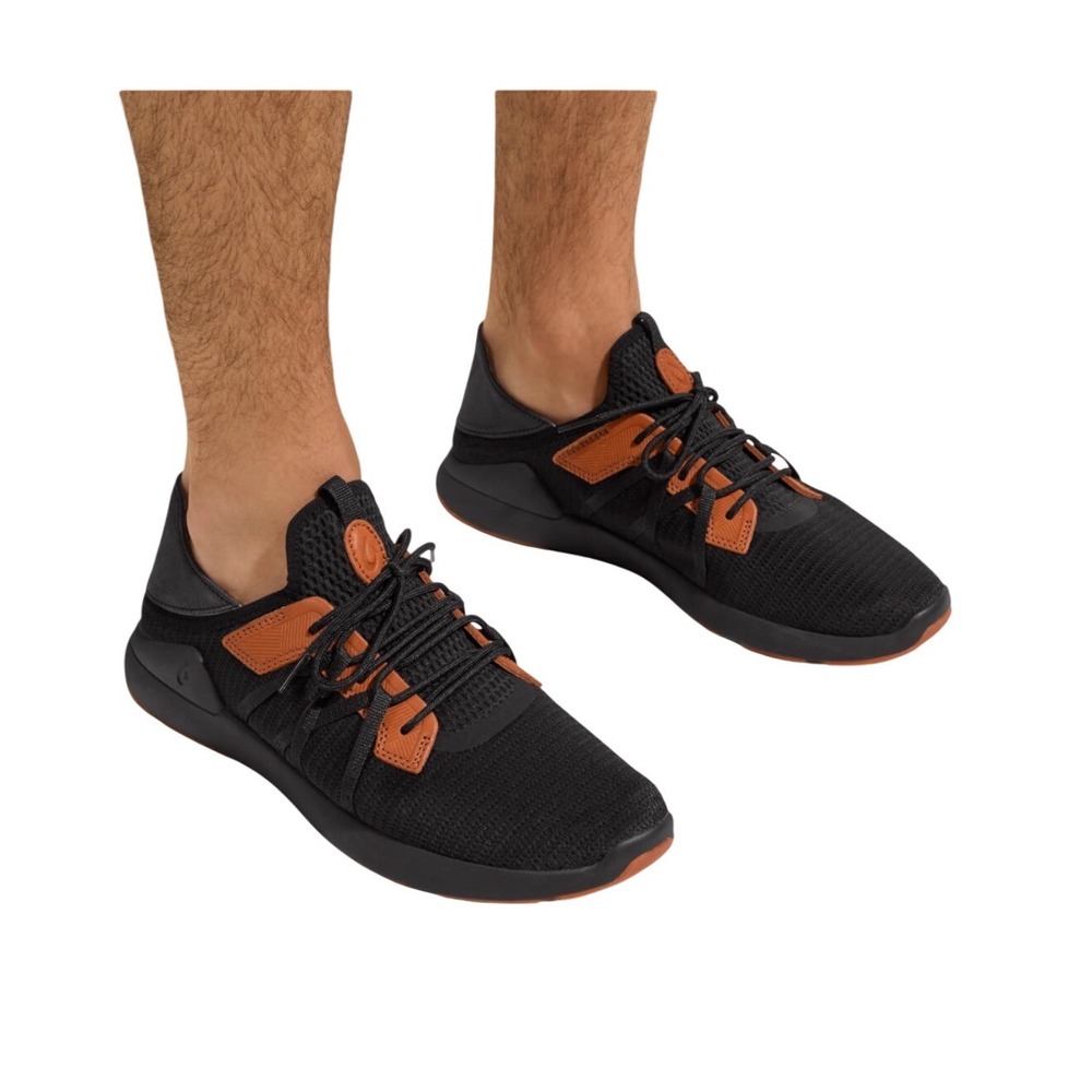 Olukai  Mens Sneakers Black Wood Leather Trim Mesh Trainers 10440-LRLR 10.5